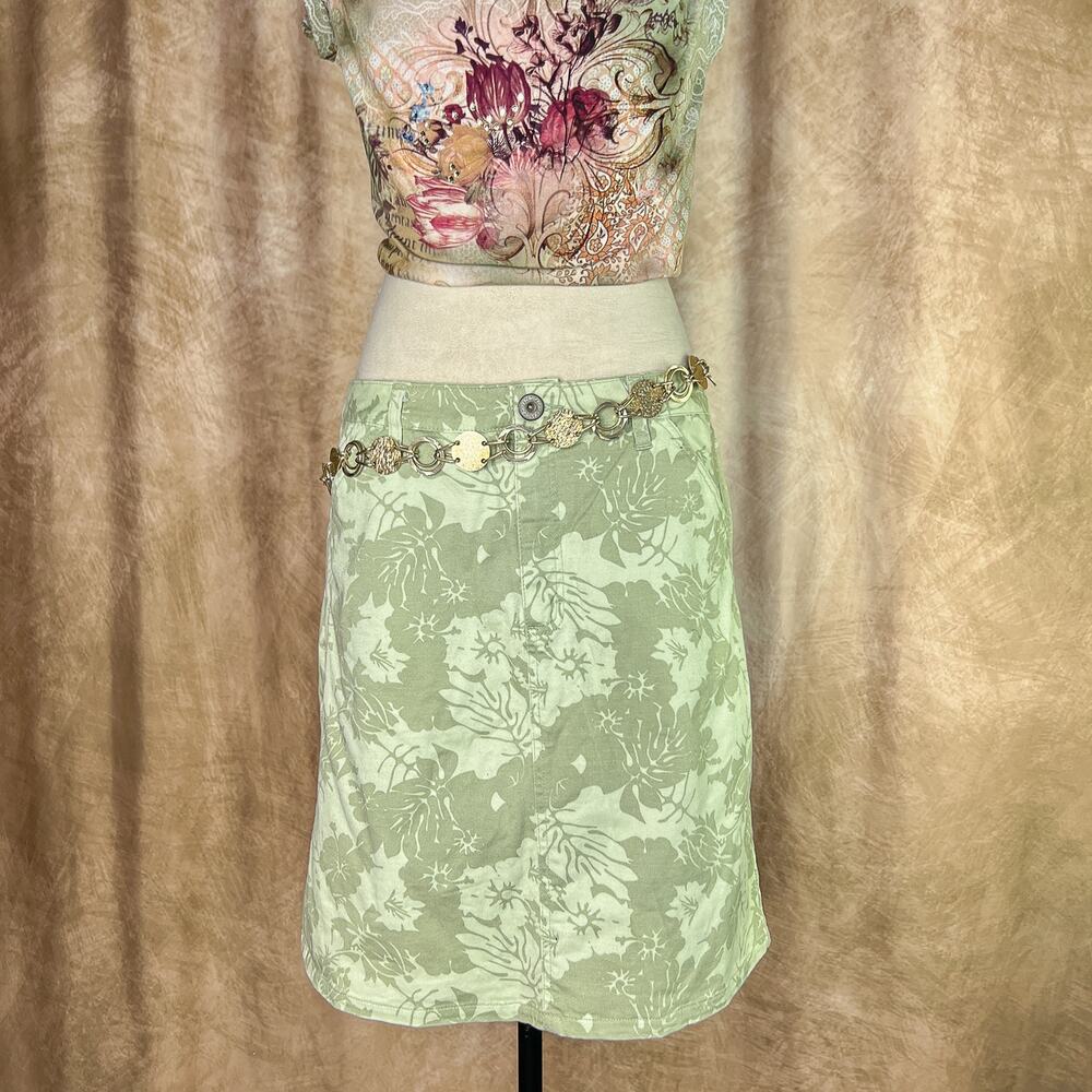 Y2K Green Floral Denim Skirt Midi Tropical Leaf Pattern Boho Summer Vacation